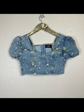 Cider Blue Denim Floral Puff-Sleeve Crop Top